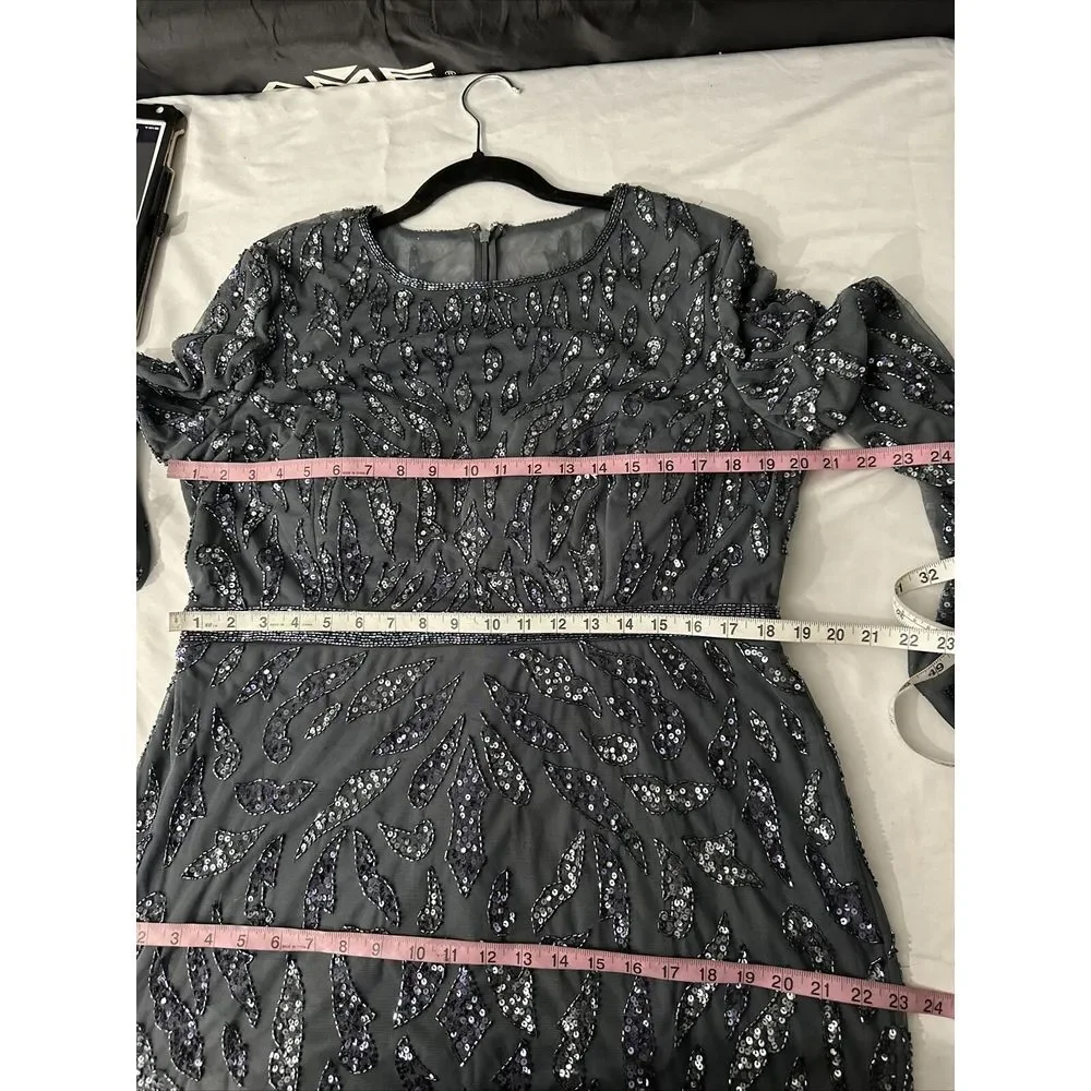 NWT $598 Mac Duggal [ 14 ] Beaded Long Sleeve‎ Evening Gown in Charcoal #S1107 - Picture 5 of 13